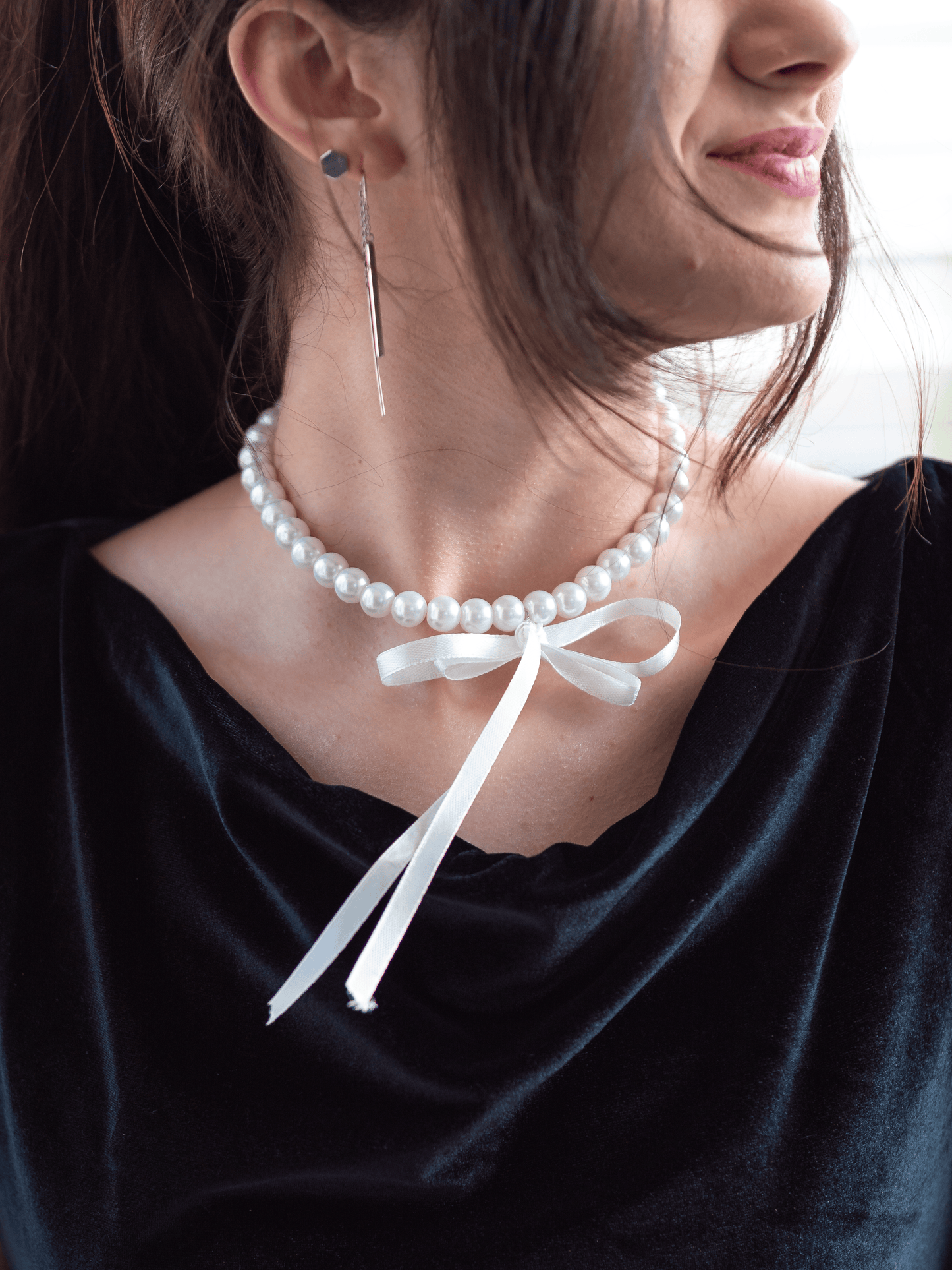 COLIER | Cu fundă din satin și perle